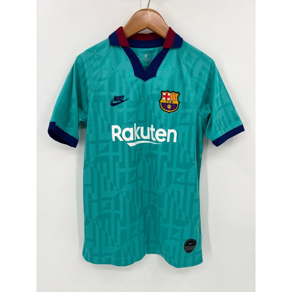 Nike Kids L FC Barcelona 19/20 Teal Jacquard Retro Collar Soccer Jersey - Picture 9 of 9